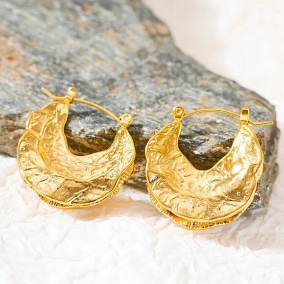New African Fulani Basket Hoop Earrings 14K Gold Plated Textured Metal Boho - Picture 11 of 12